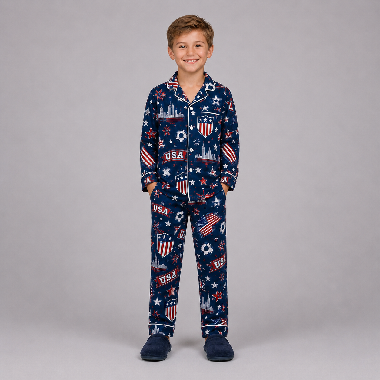 World Cup 2026 United States Football Themed All Over Printed Matching Pajama Set