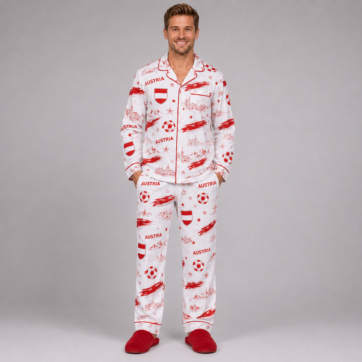 World Cup 2026 Austria Football Themed All Over Printed Matching Pajama Set