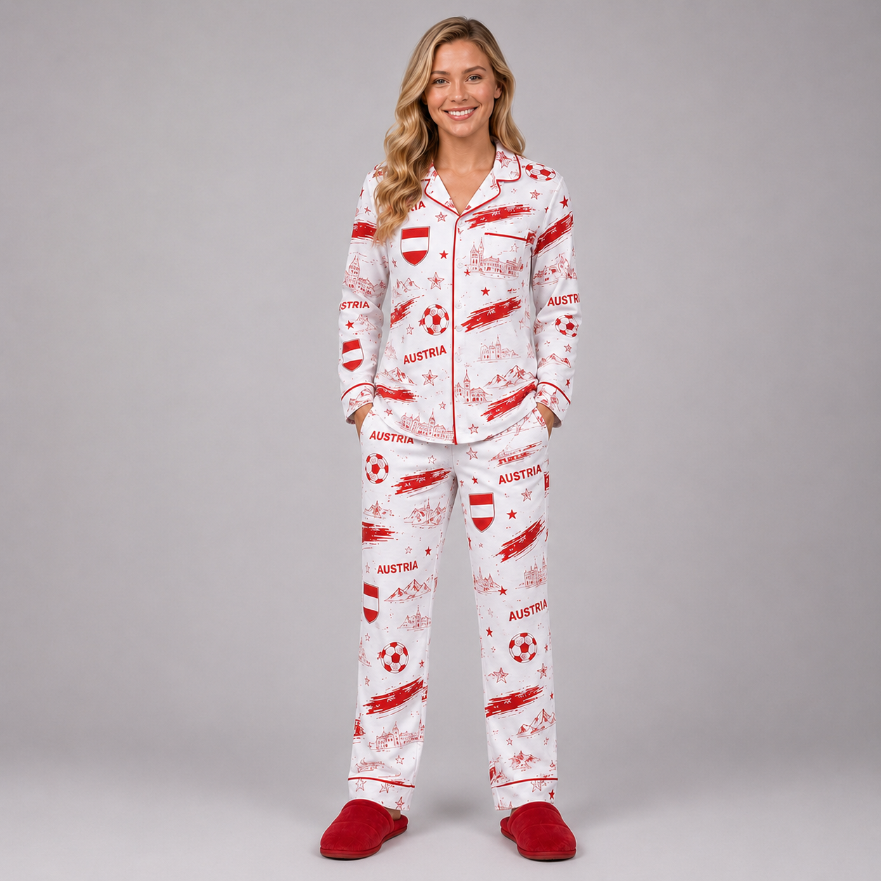 World Cup 2026 Austria Football Themed All Over Printed Matching Pajama Set