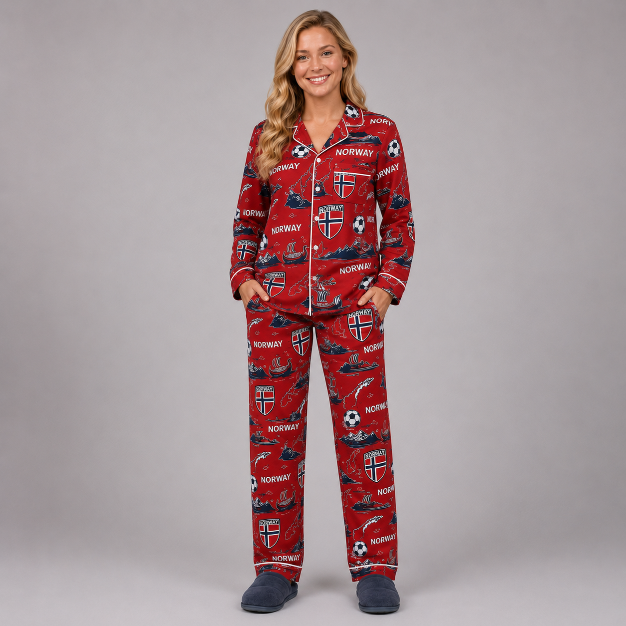 World Cup 2026 Norway Football Themed All Over Printed Matching Pajama Set