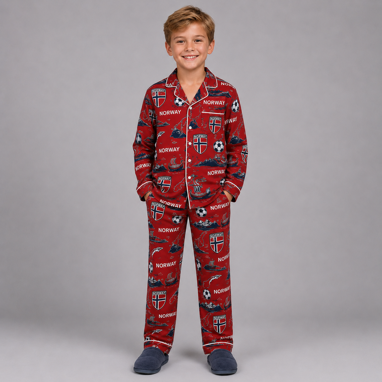 World Cup 2026 Norway Football Themed All Over Printed Matching Pajama Set