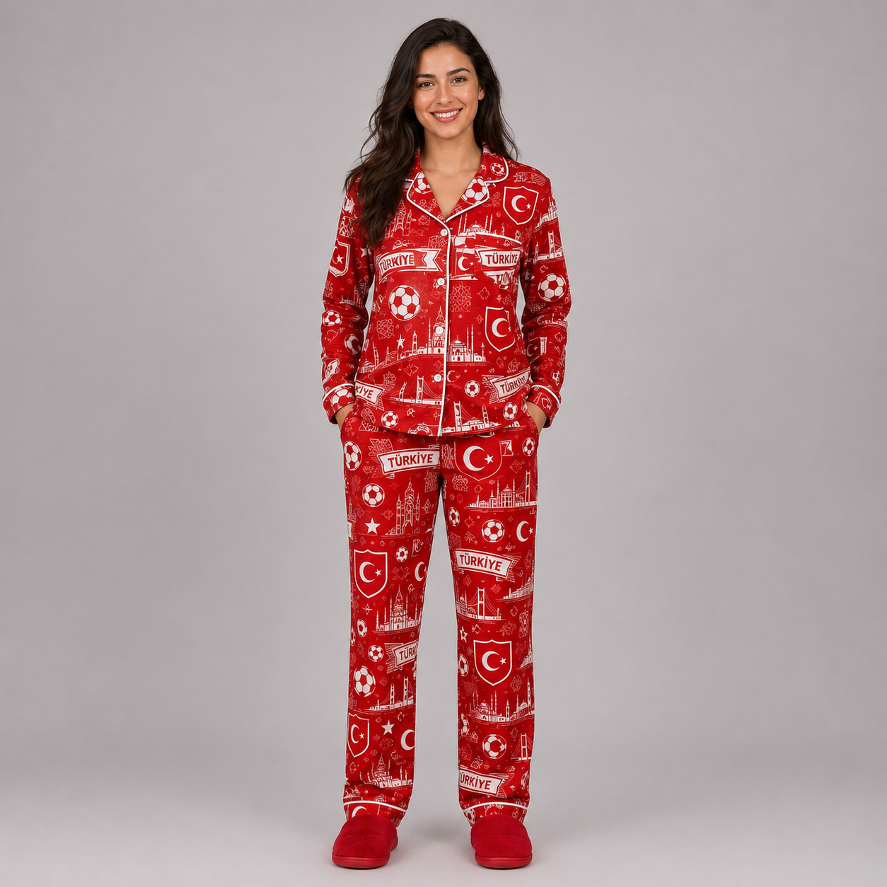 World Cup 2026 Turkey Football Themed All Over Printed Matching Pajama Set