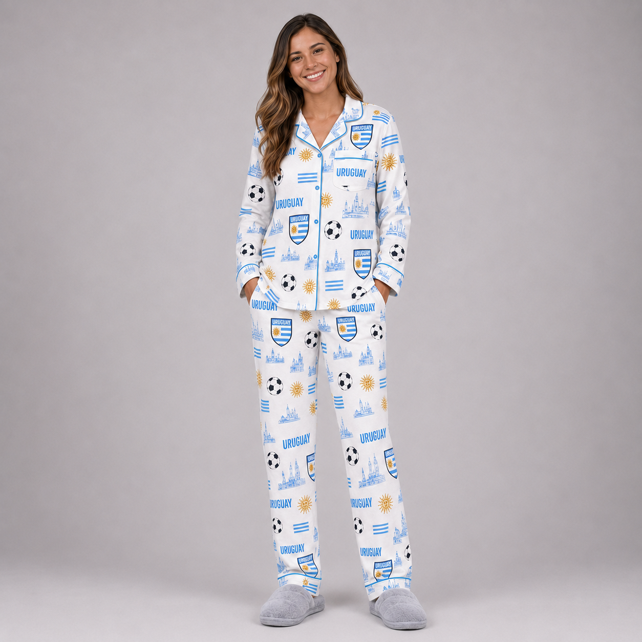 World Cup 2026 Uruguay Football Themed All Over Printed Matching Pajama Set