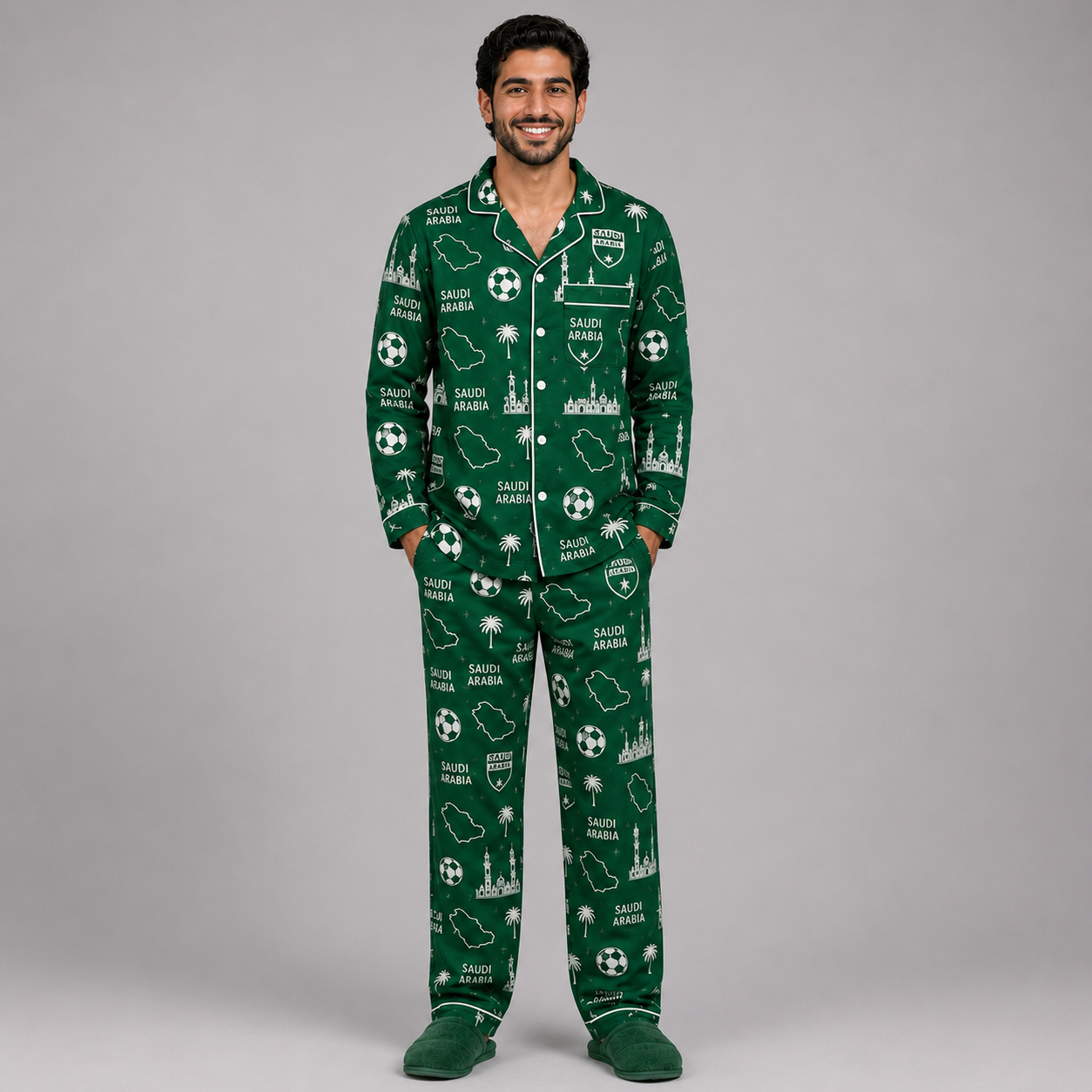 World Cup 2026 Saudi Arabia Football Themed All Over Printed Matching Pajama Set