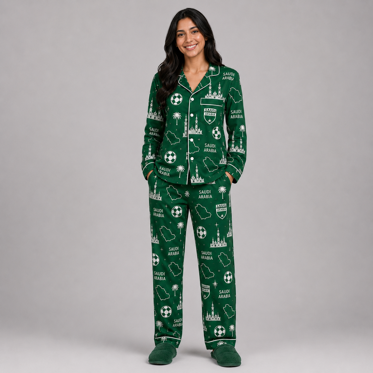 World Cup 2026 Saudi Arabia Football Themed All Over Printed Matching Pajama Set