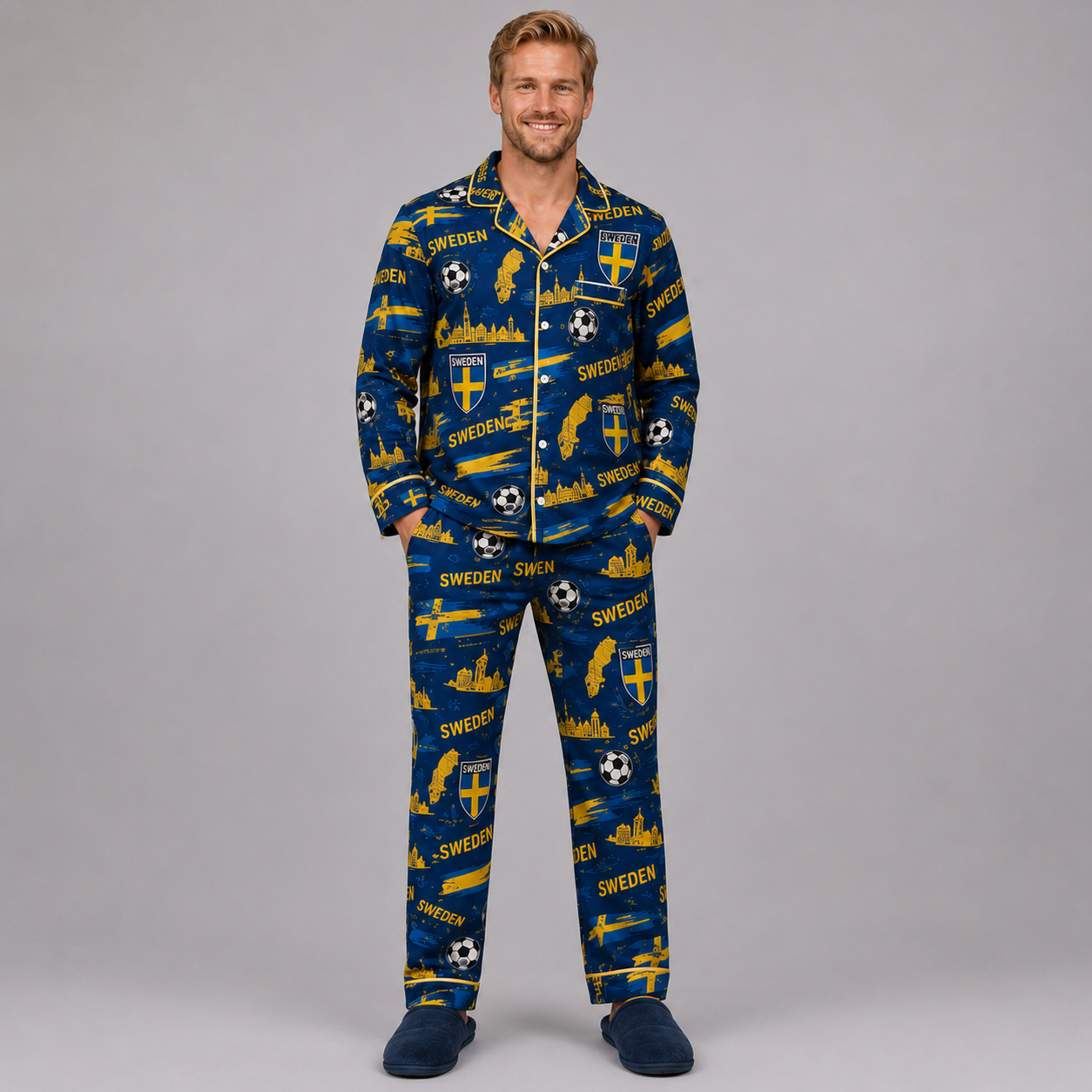 World Cup 2026 Sweden Football Themed All Over Printed Matching Pajama Set