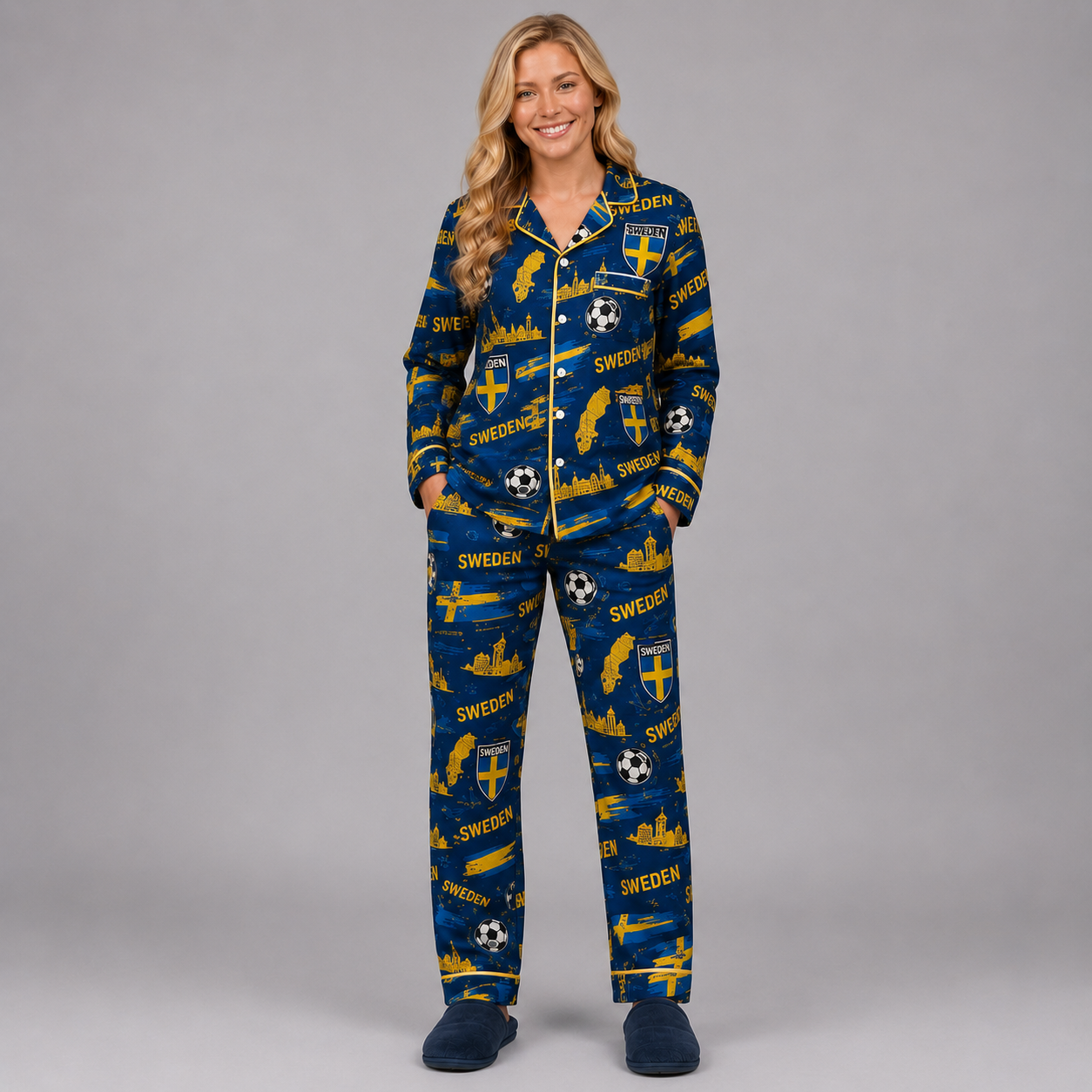 World Cup 2026 Sweden Football Themed All Over Printed Matching Pajama Set
