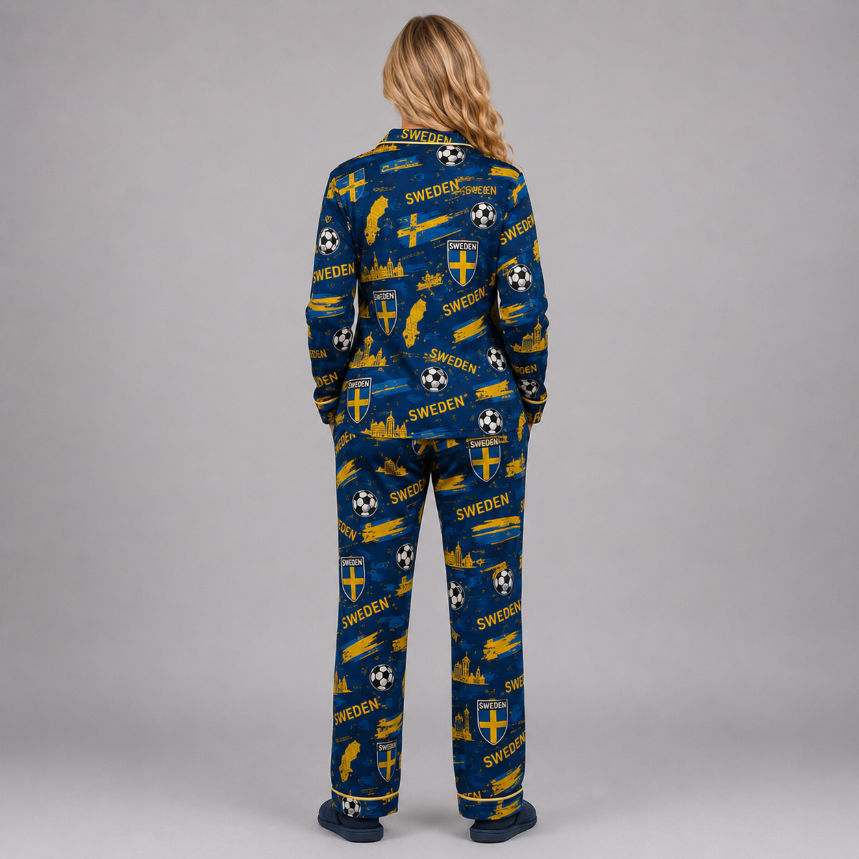 World Cup 2026 Sweden Football Themed All Over Printed Matching Pajama Set