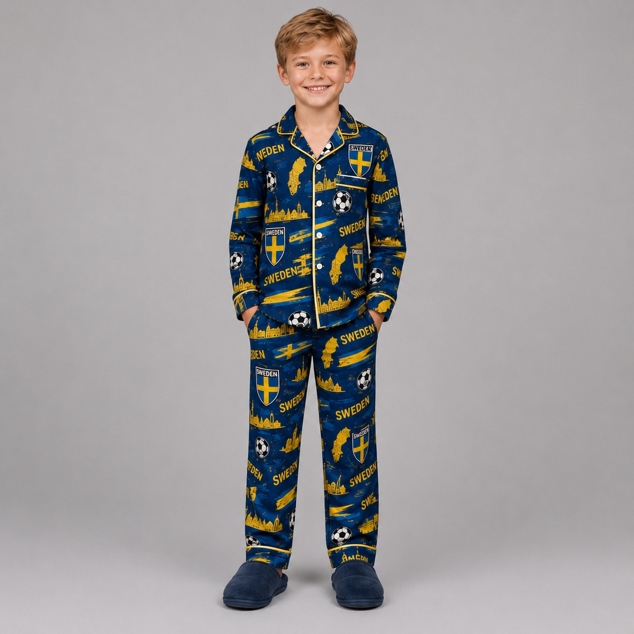 World Cup 2026 Sweden Football Themed All Over Printed Matching Pajama Set