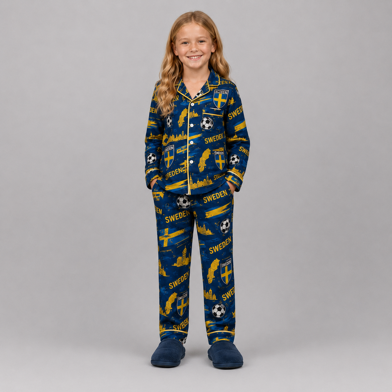 World Cup 2026 Sweden Football Themed All Over Printed Matching Pajama Set