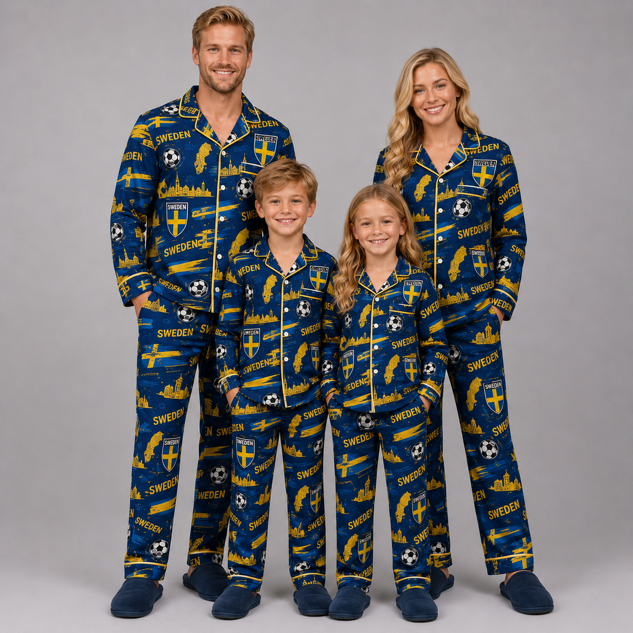 World Cup 2026 Sweden Football Themed All Over Printed Matching Pajama Set