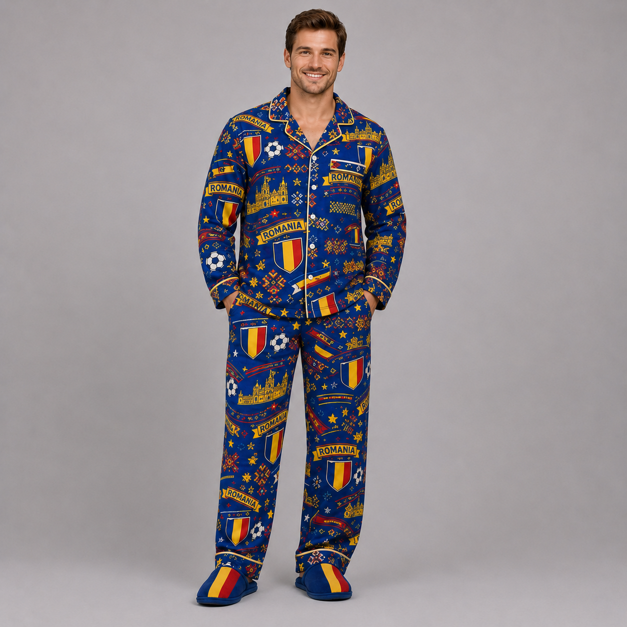 World Cup 2026 Romania Football Themed All Over Printed Matching Pajama Set