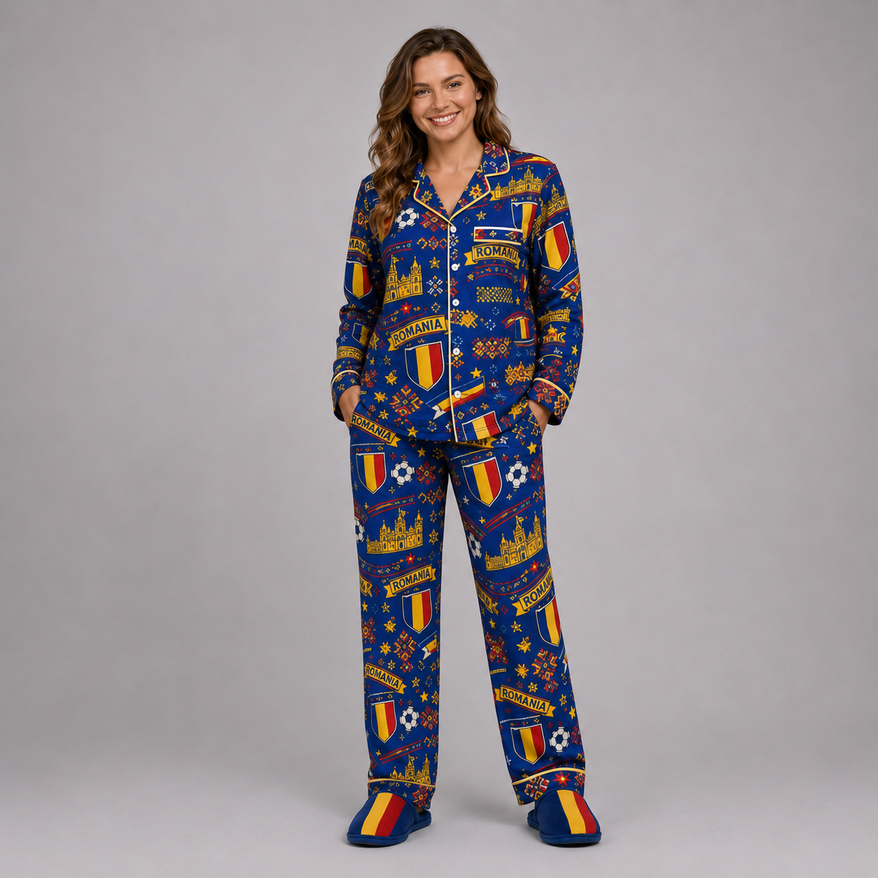 World Cup 2026 Romania Football Themed All Over Printed Matching Pajama Set