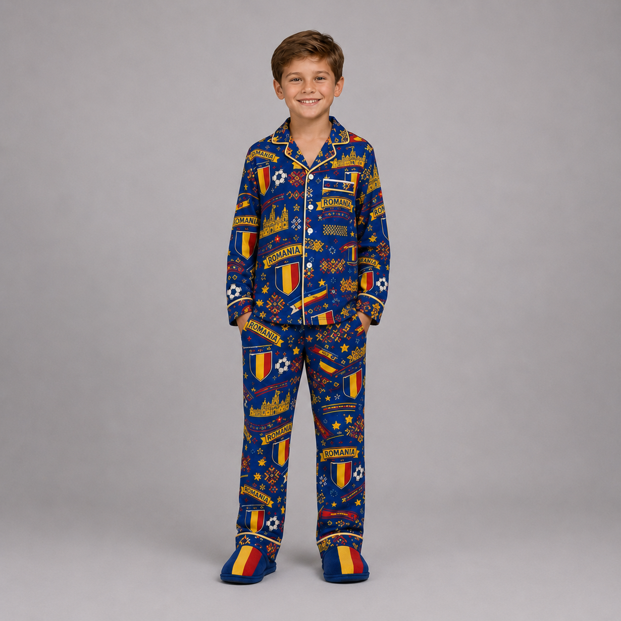 World Cup 2026 Romania Football Themed All Over Printed Matching Pajama Set