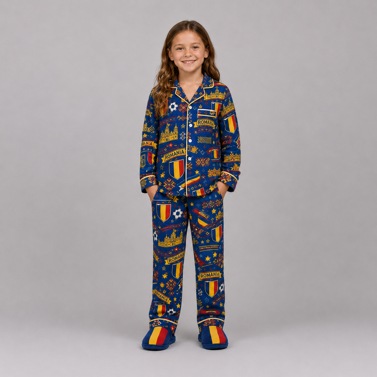 World Cup 2026 Romania Football Themed All Over Printed Matching Pajama Set