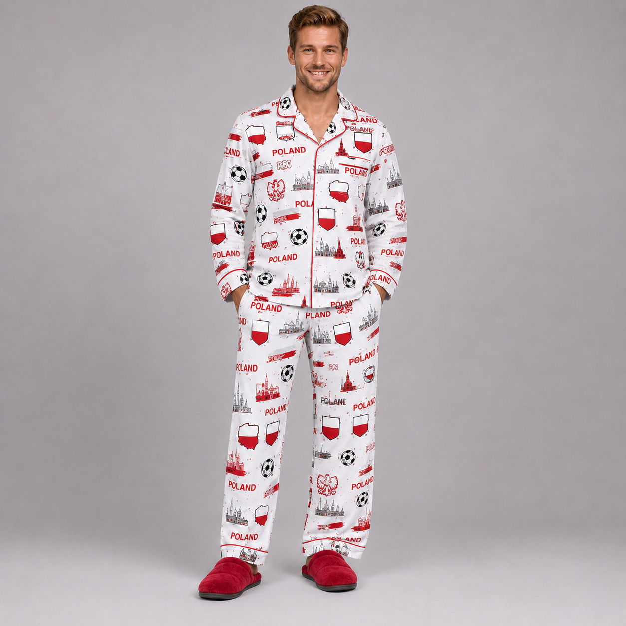 World Cup 2026 Poland Football Themed All Over Printed Matching Pajama Set