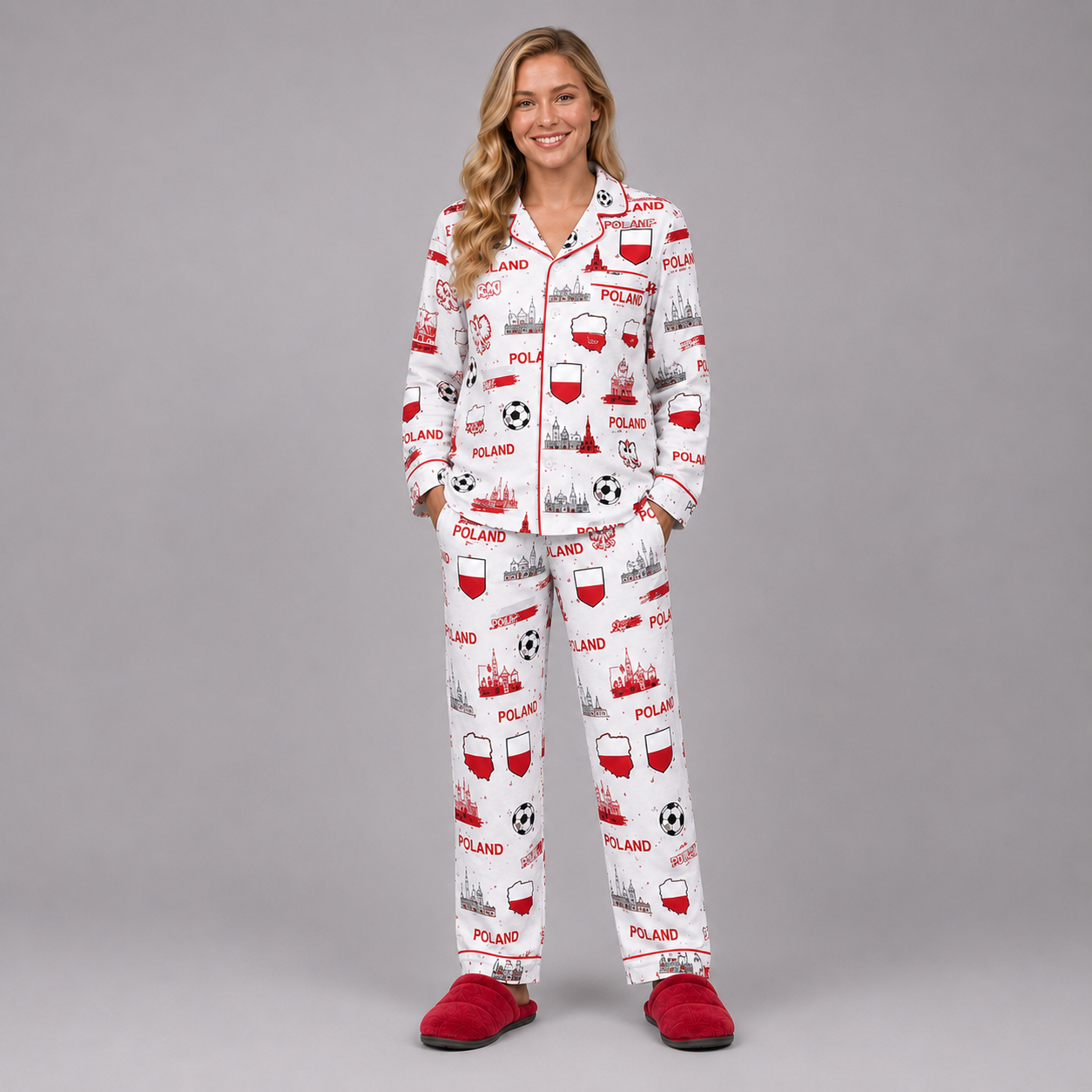 World Cup 2026 Poland Football Themed All Over Printed Matching Pajama Set