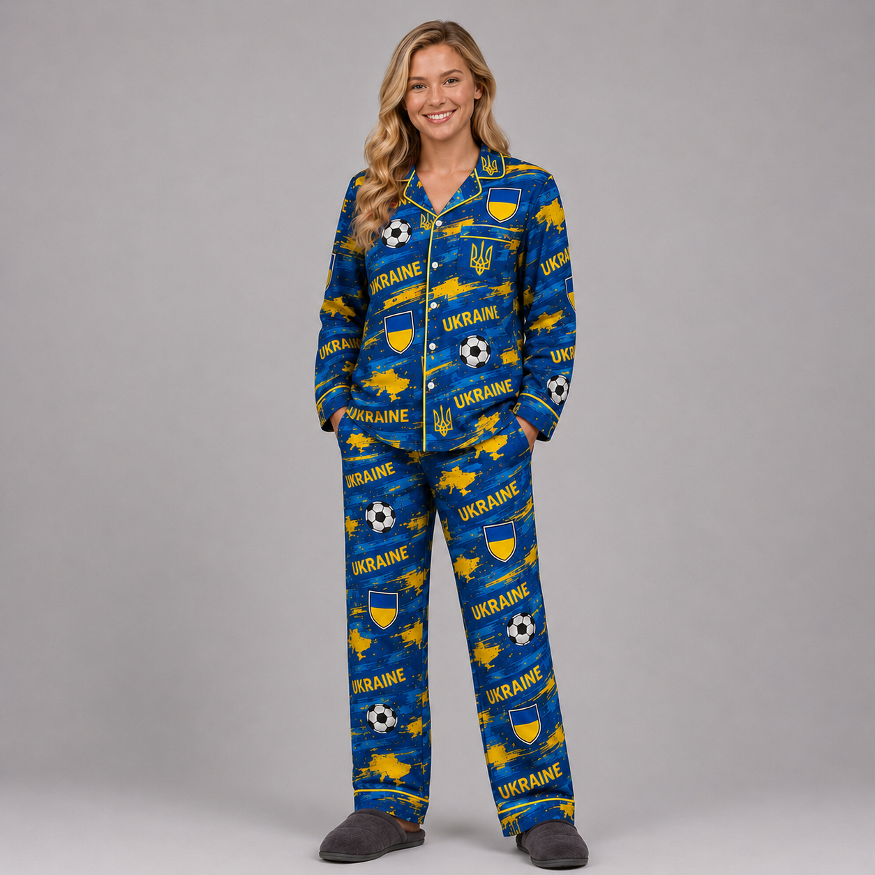 World Cup 2026 Ukraine Football Themed All Over Printed Matching Pajama Set
