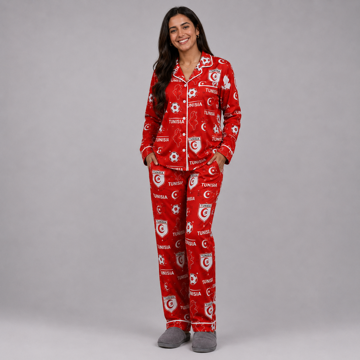World Cup 2026 Tunisia Football Themed All Over Printed Matching Pajama Set
