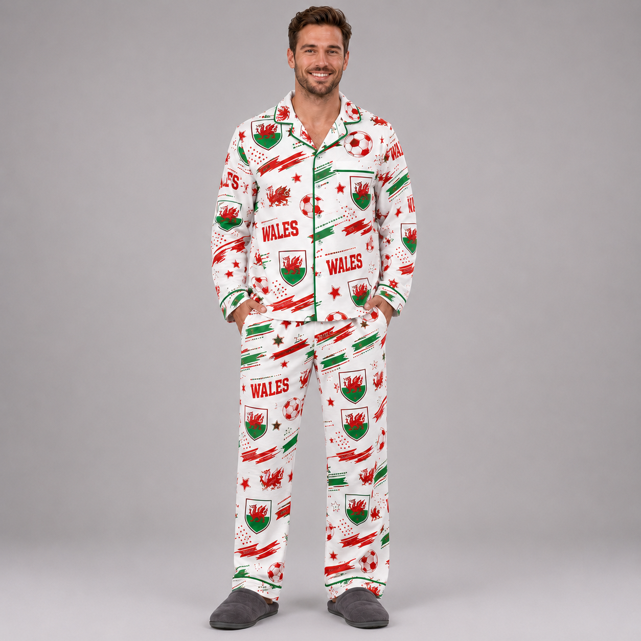 World Cup 2026 Wales Football Themed All Over Printed Matching Pajama Set