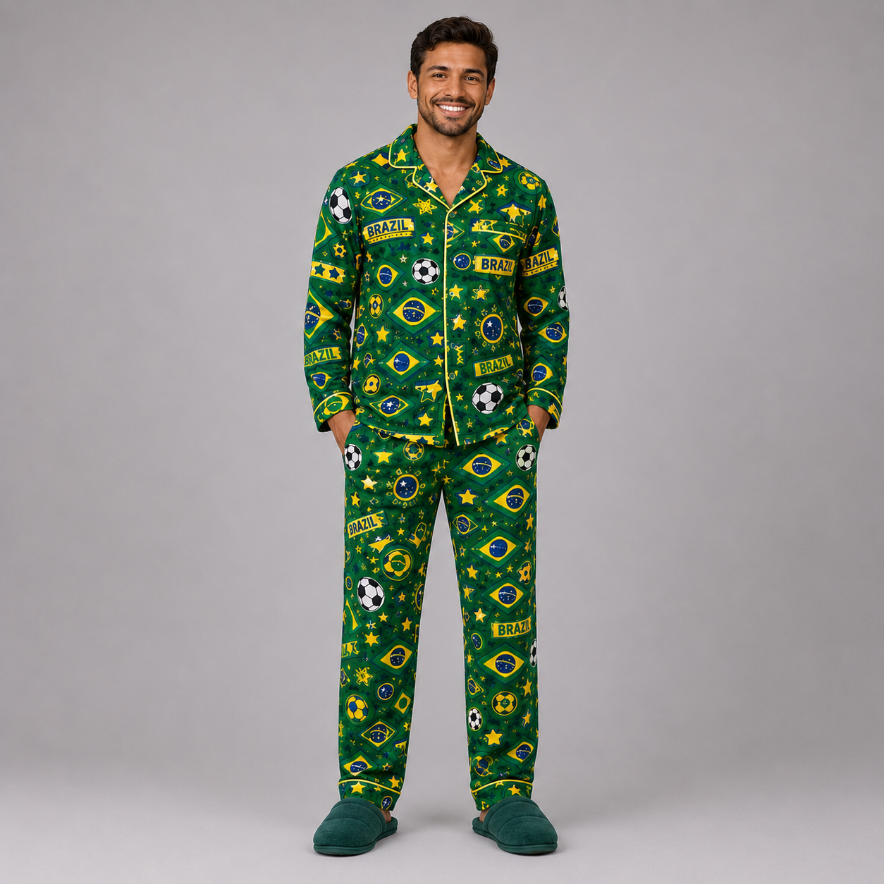 World Cup 2026 Brazil Football Themed All Over Printed Matching Pajama Set
