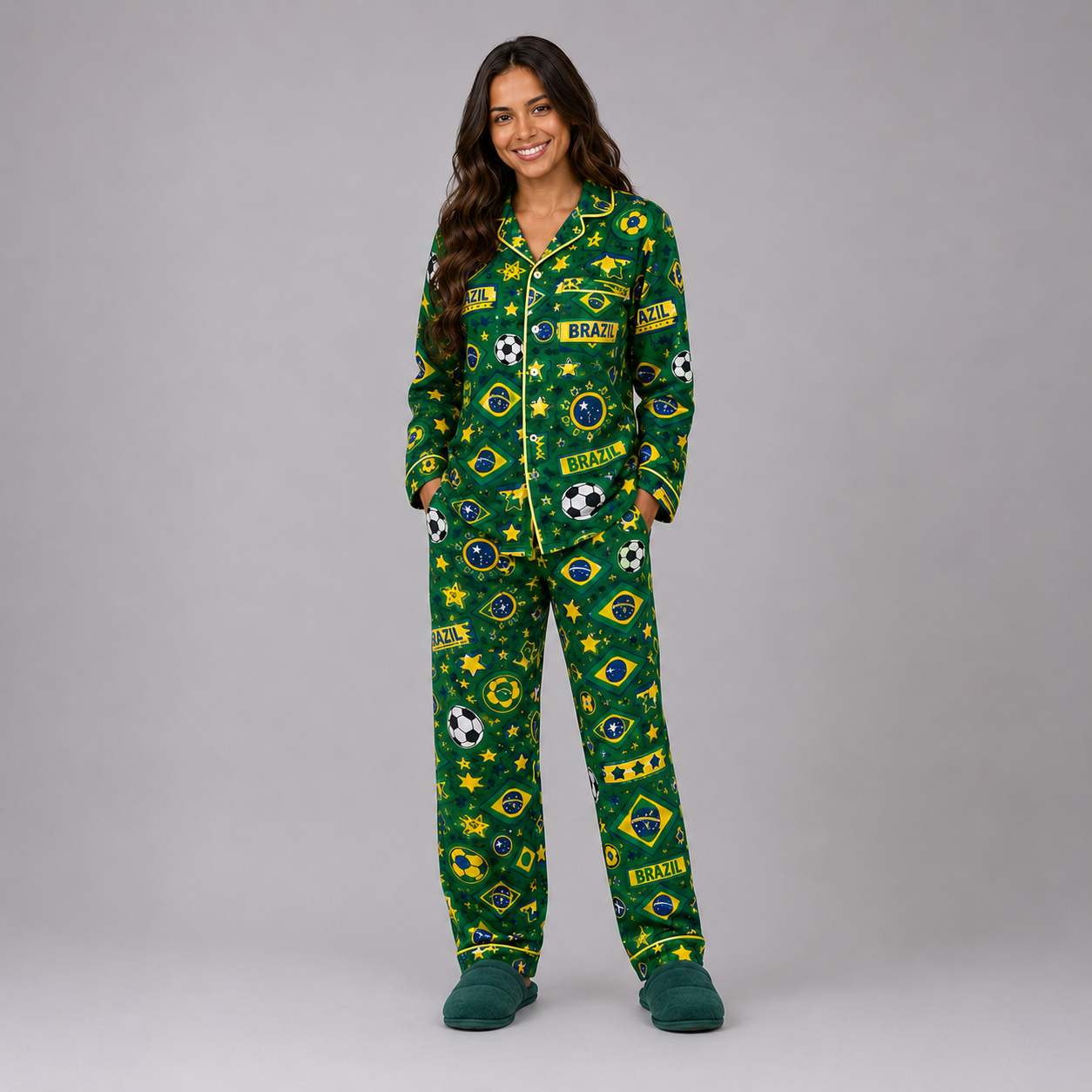 World Cup 2026 Brazil Football Themed All Over Printed Matching Pajama Set