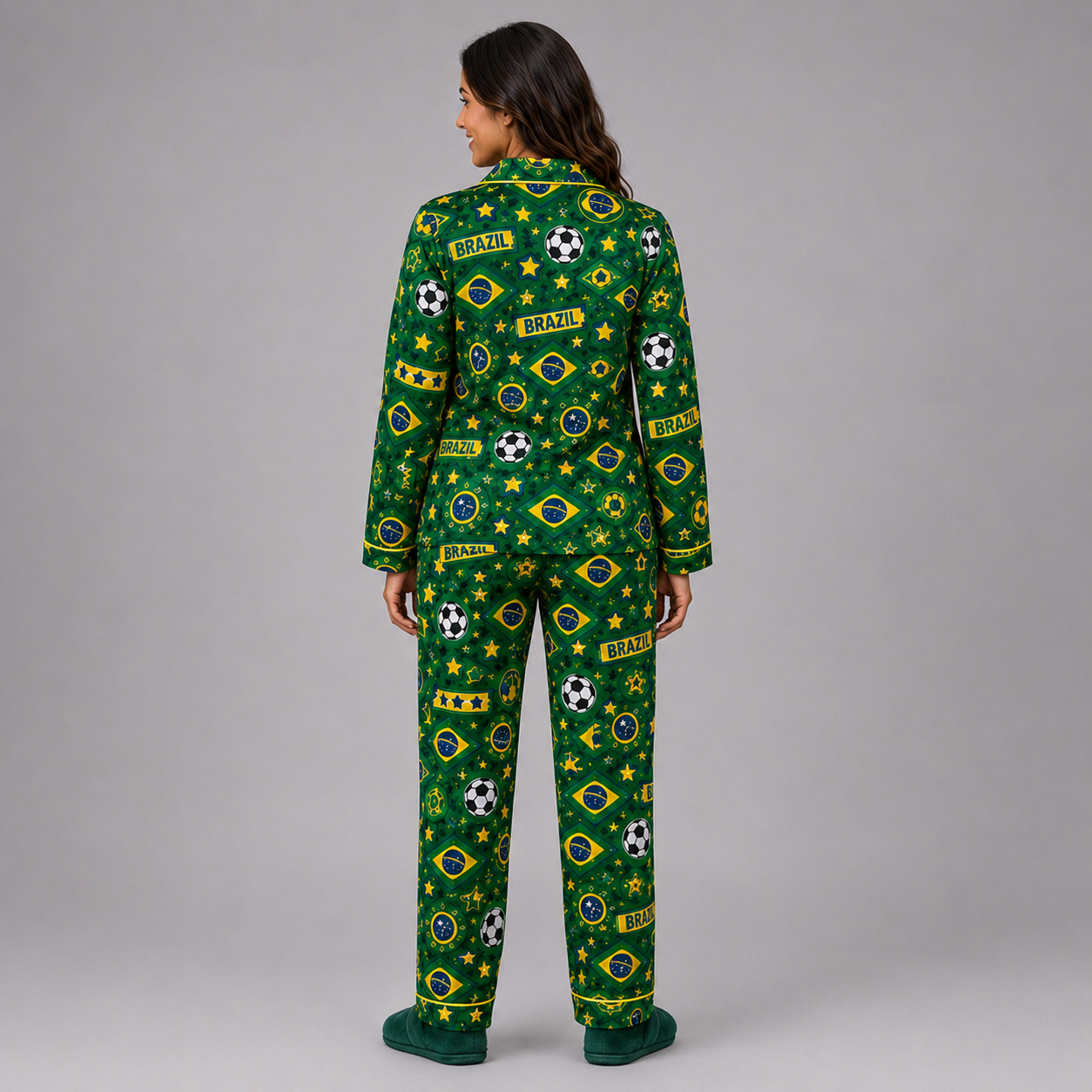 World Cup 2026 Brazil Football Themed All Over Printed Matching Pajama Set