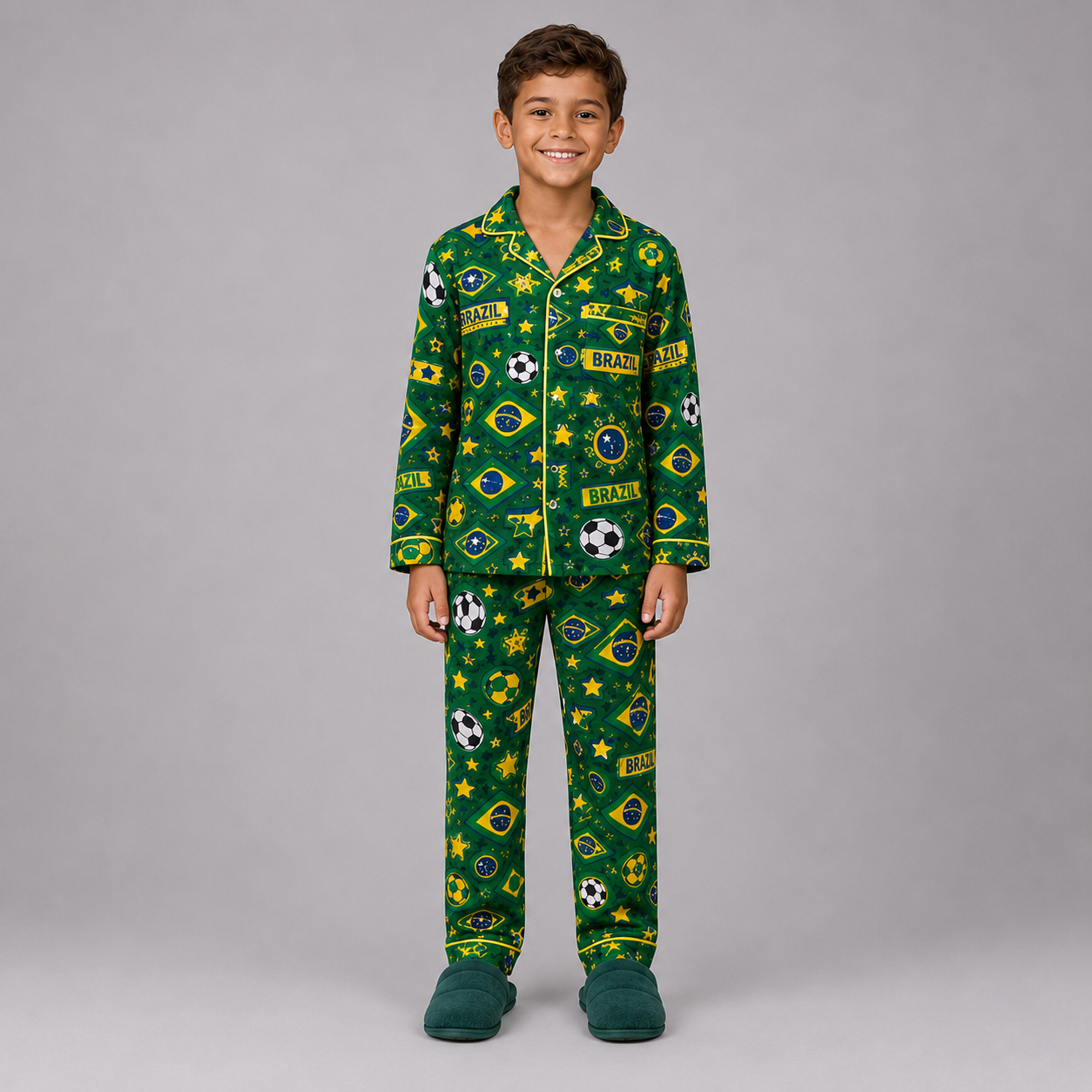 World Cup 2026 Brazil Football Themed All Over Printed Matching Pajama Set