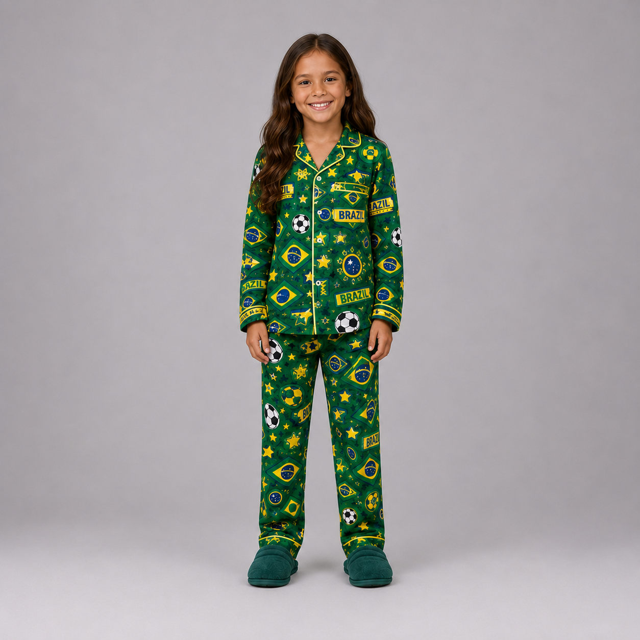 World Cup 2026 Brazil Football Themed All Over Printed Matching Pajama Set