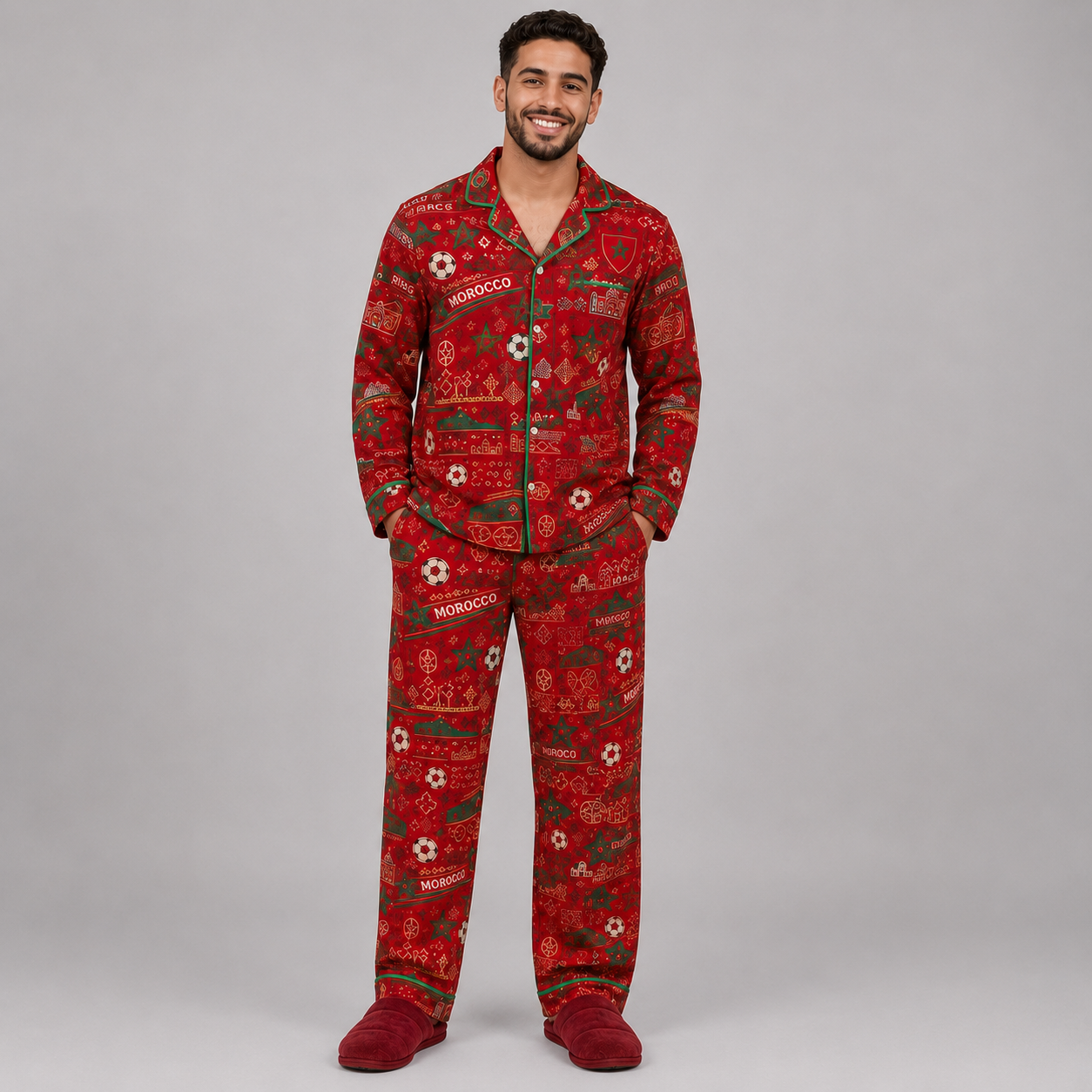 World Cup 2026 Morocco Football Themed All Over Printed Matching Pajama Set