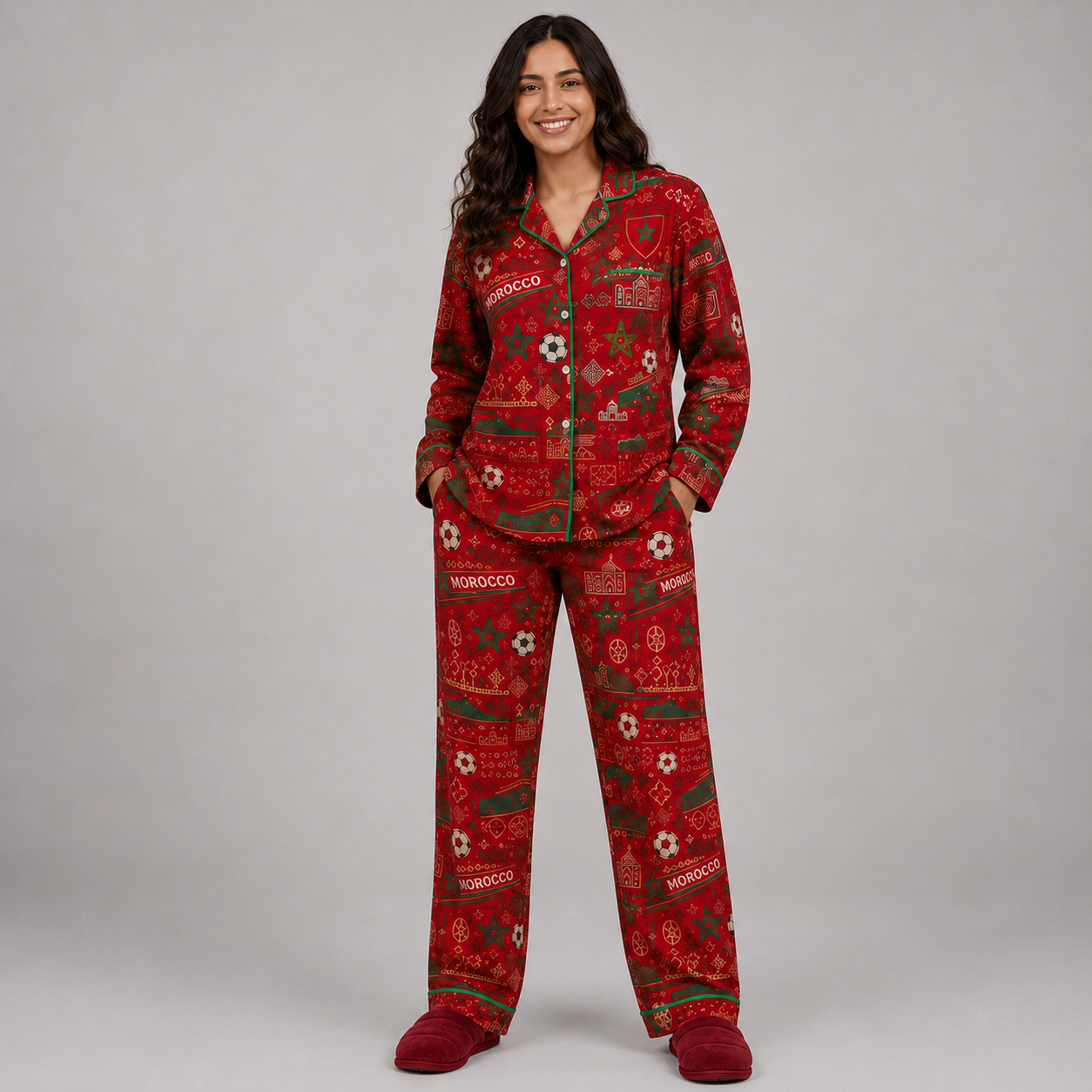 World Cup 2026 Morocco Football Themed All Over Printed Matching Pajama Set