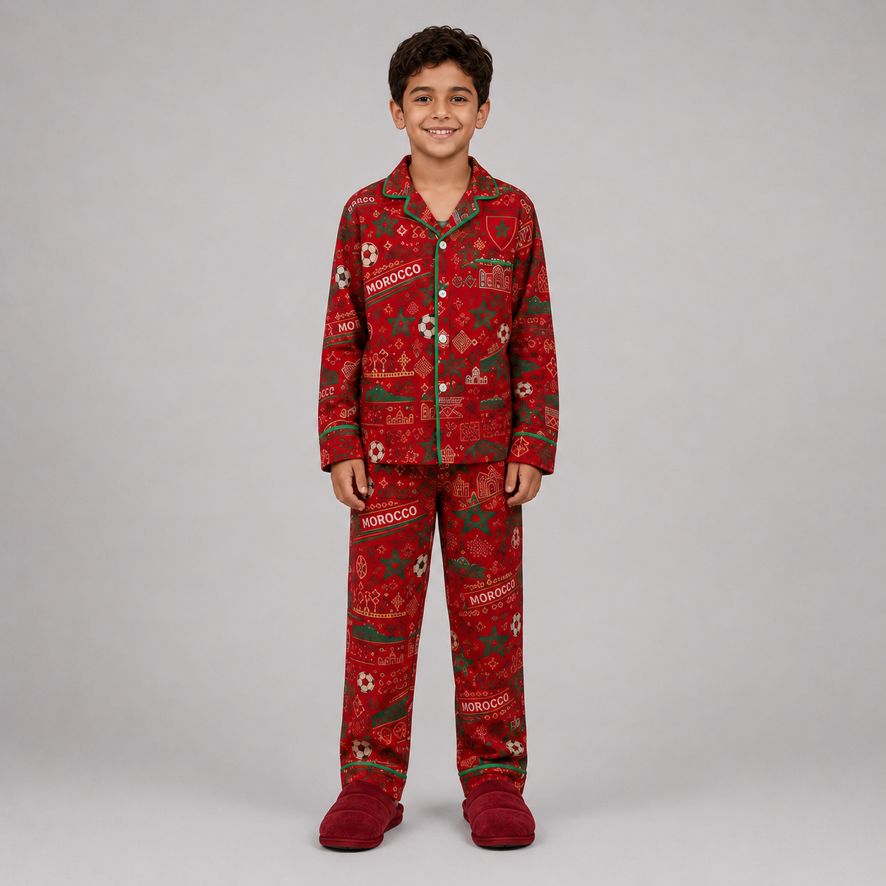 World Cup 2026 Morocco Football Themed All Over Printed Matching Pajama Set