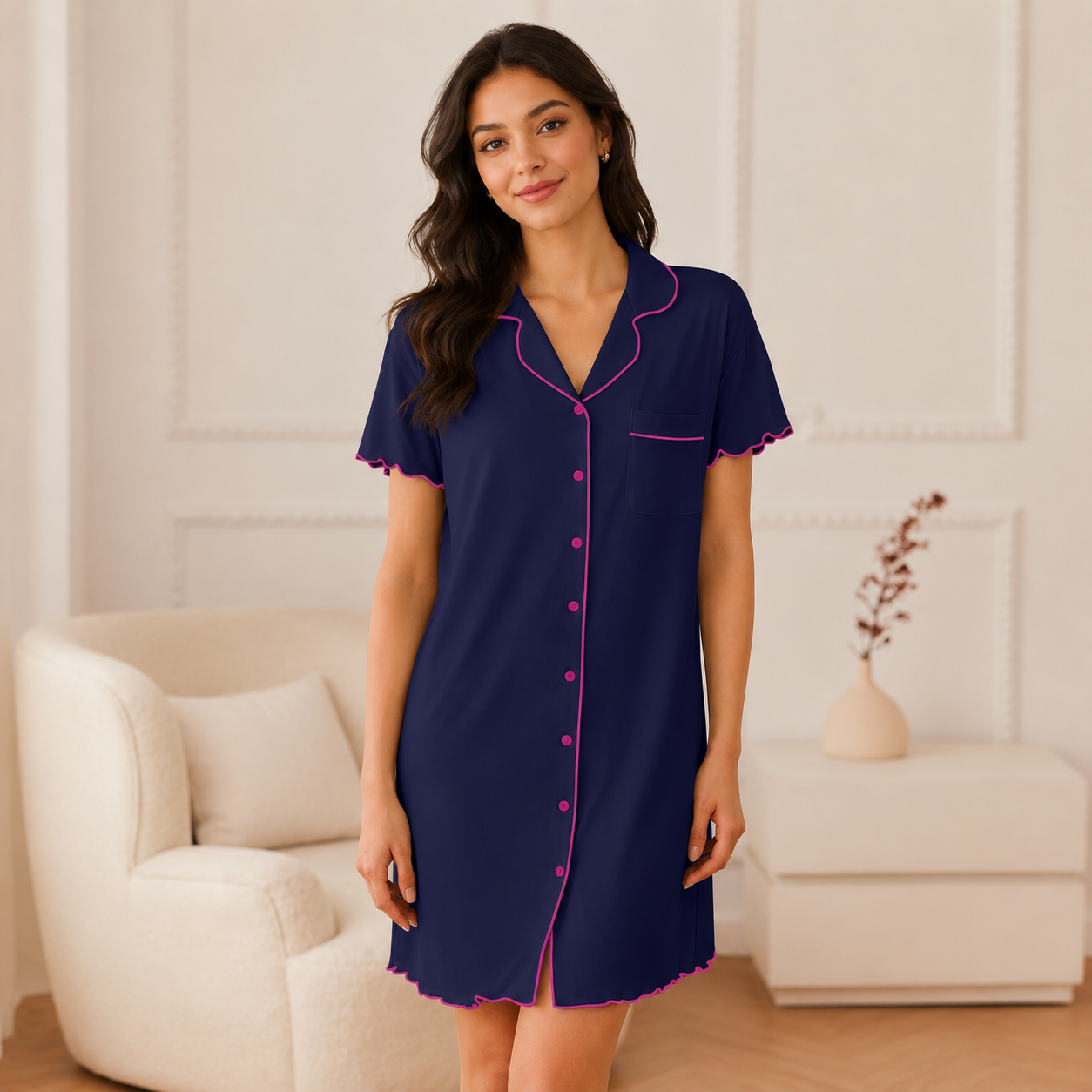 Women’s Soft Button Down Nightgown with Short Sleeves