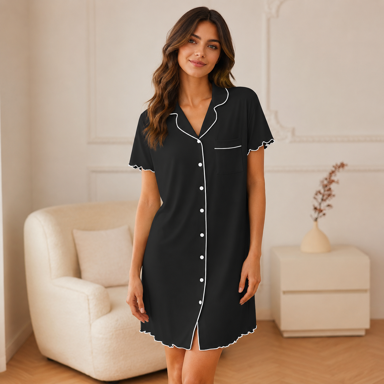 Women’s Soft Button Down Nightgown with Short Sleeves
