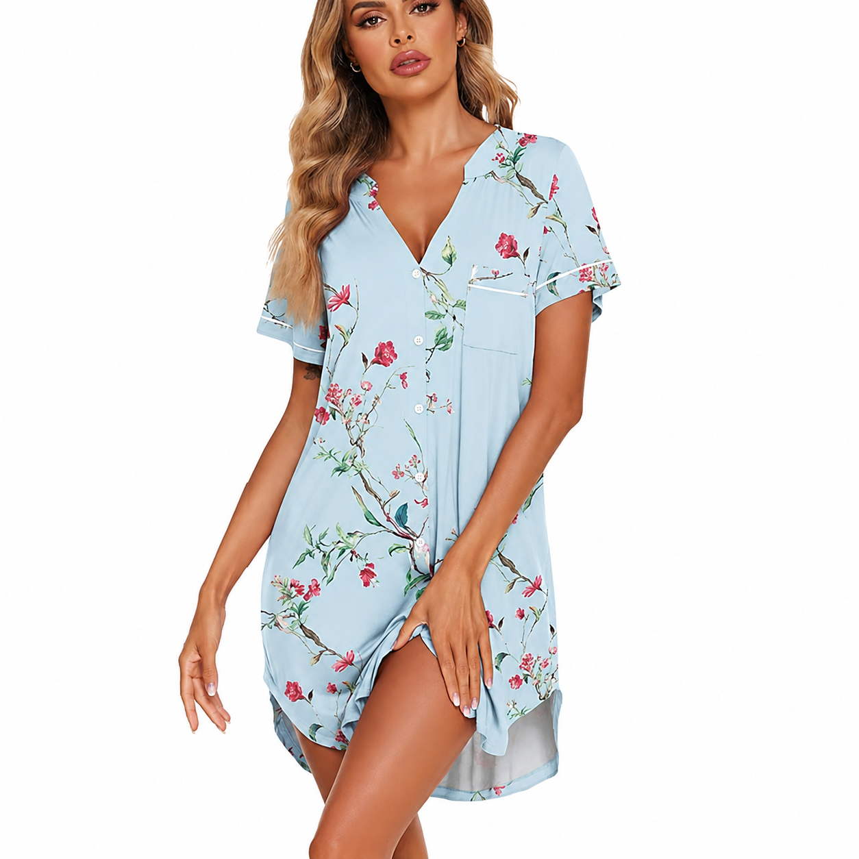 Women Soft Neck Nightgown With Short Sleeves