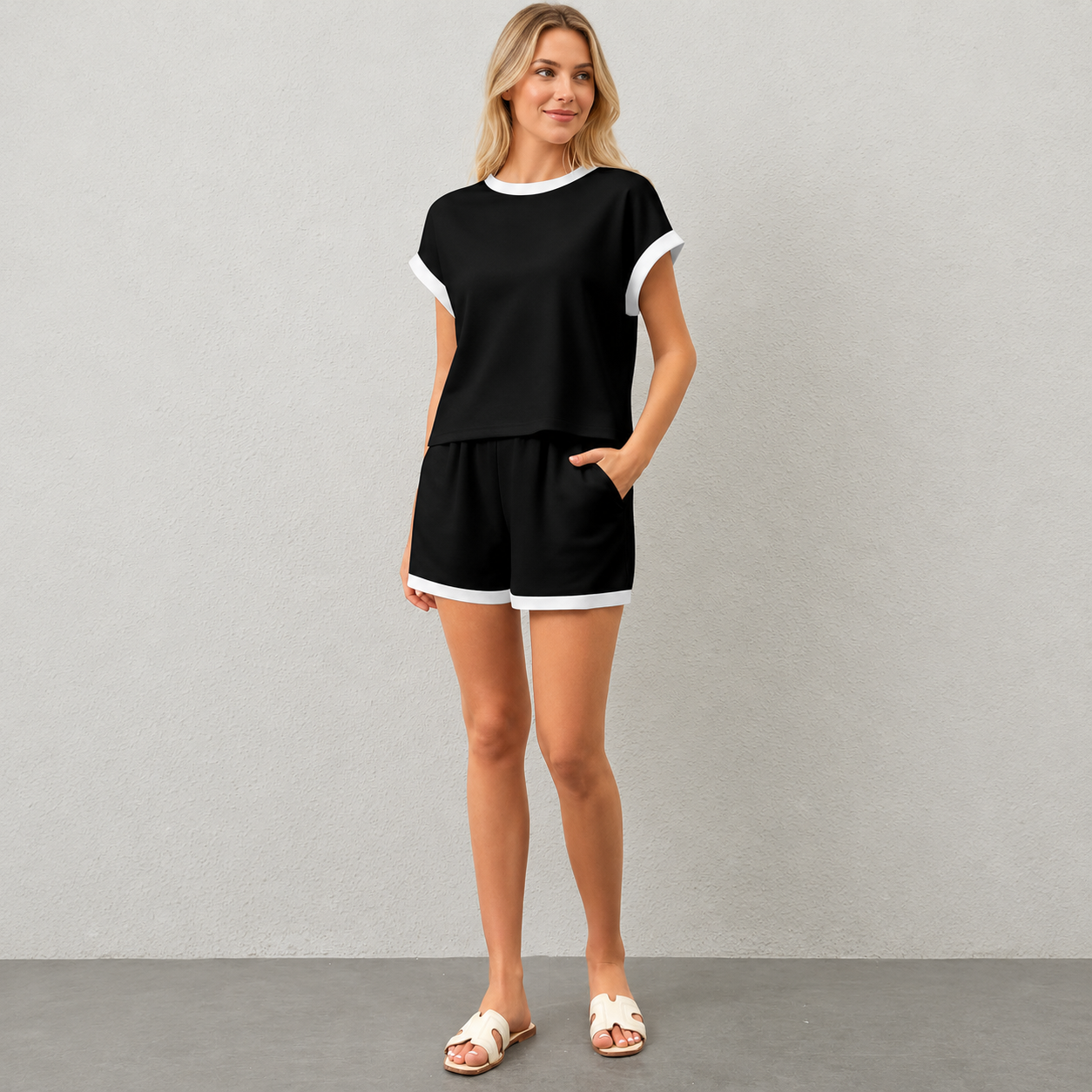 2 Piece Short Sleeve Tee And Shorts Loungewear Set For Women