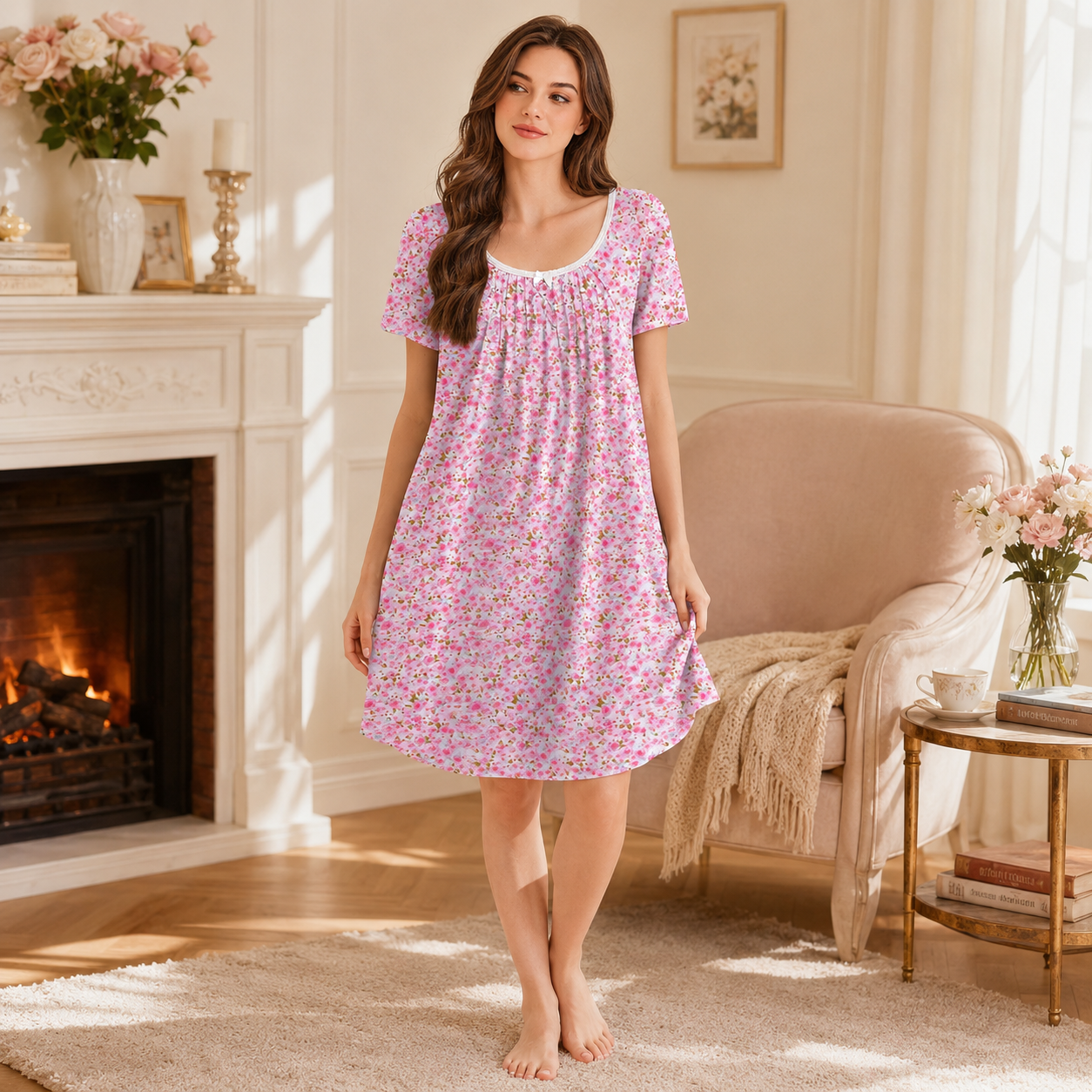 Casual Nightgown Lace Trim Short Sleeve Sleepwear Dress For Women