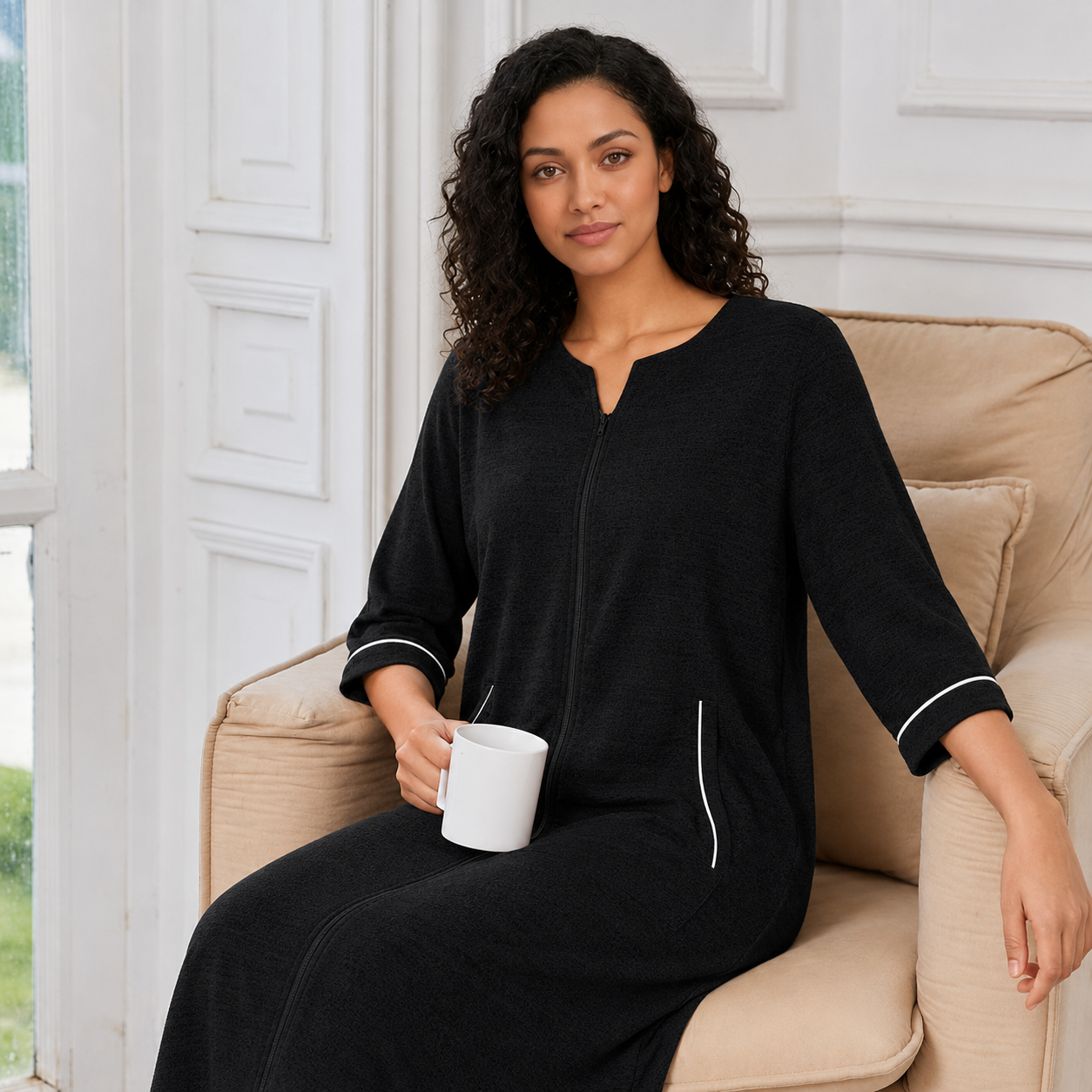 Lightweight Housecoat Robe With Zipper And Pockets For Women