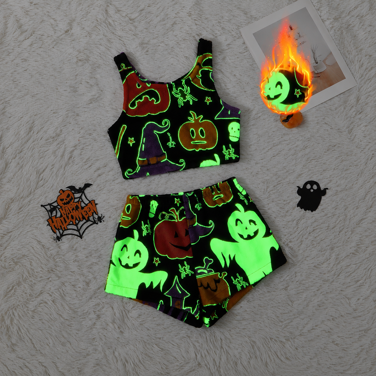 Halloween Theme Flannel Tank Top And Elastic Waist Shorts Set For Women