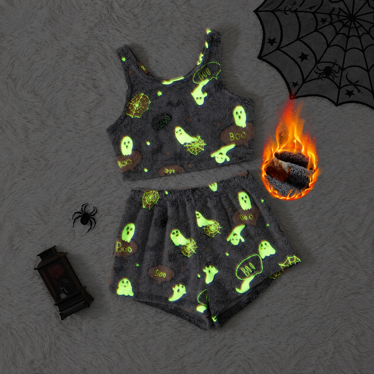 Halloween Theme Flannel Tank Top And Elastic Waist Shorts Set For Women