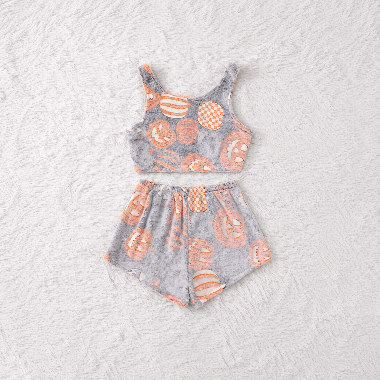 Halloween Theme Flannel Tank Top And Elastic Waist Shorts Set For Women