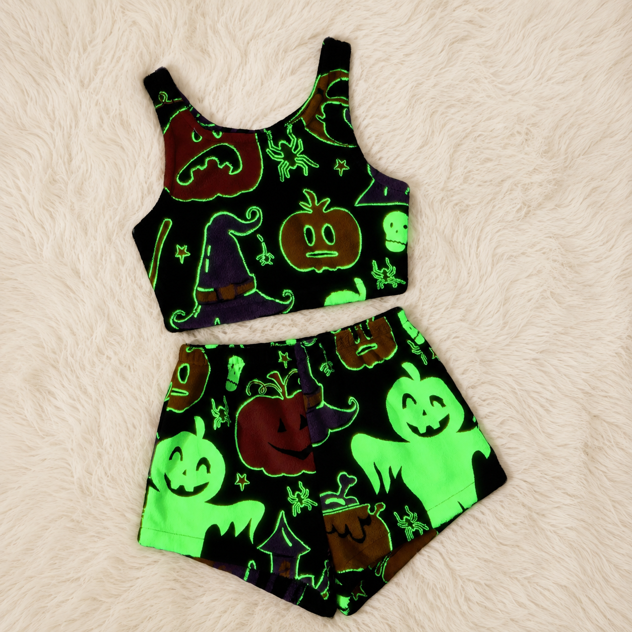Halloween Theme Flannel Tank Top And Elastic Waist Shorts Set For Women