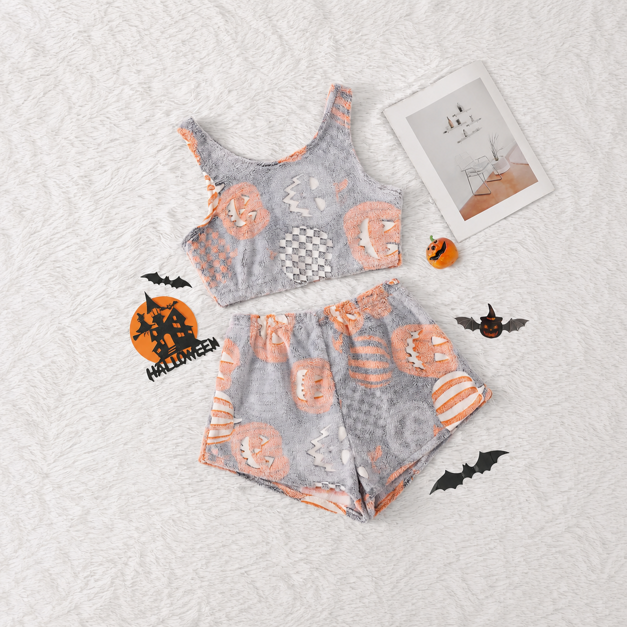 Halloween Theme Flannel Tank Top And Elastic Waist Shorts Set For Women