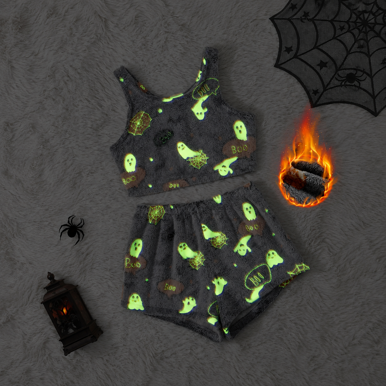 Halloween Theme Flannel Tank Top And Elastic Waist Shorts Set For Women