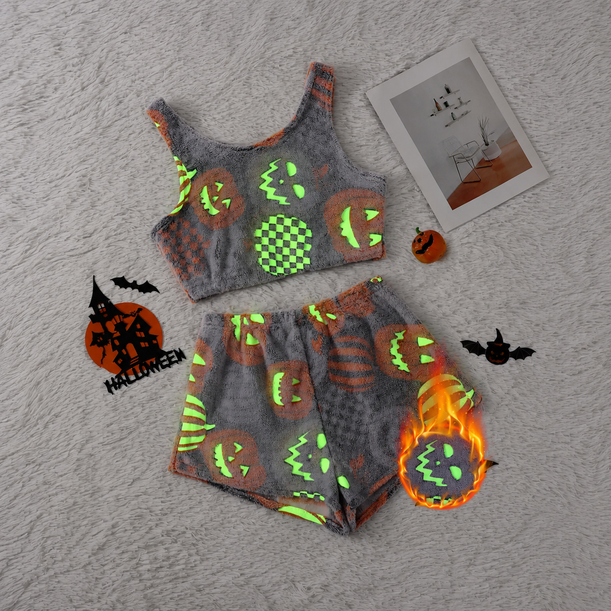 Halloween Theme Flannel Tank Top And Elastic Waist Shorts Set For Women