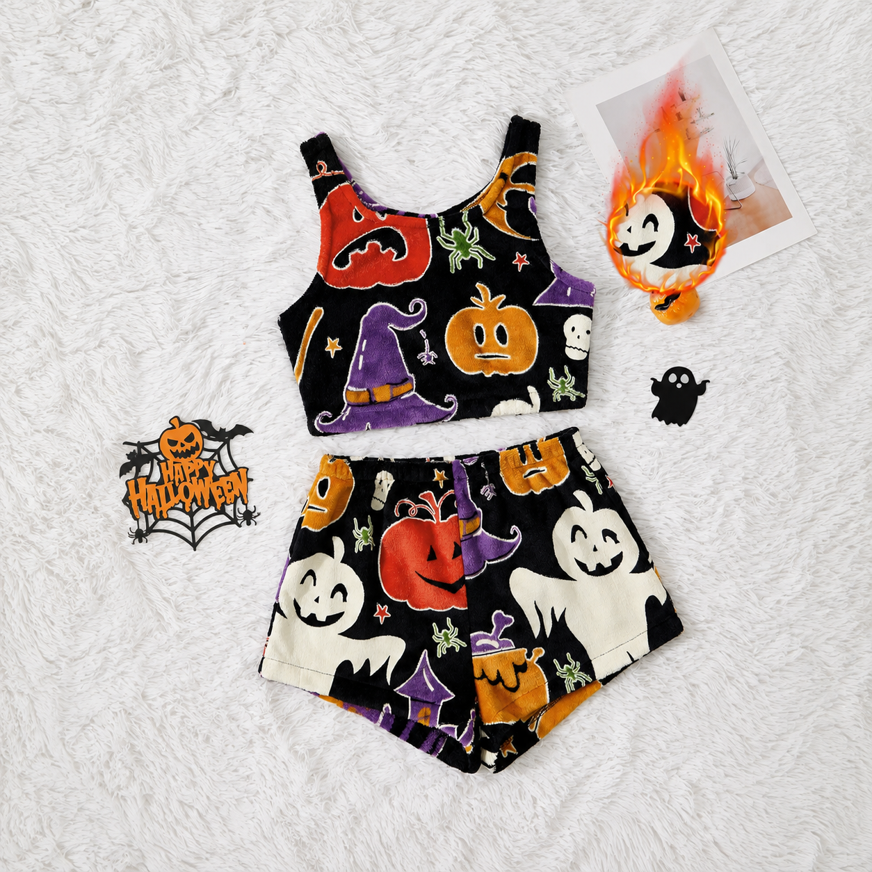 Halloween Theme Flannel Tank Top And Elastic Waist Shorts Set For Women