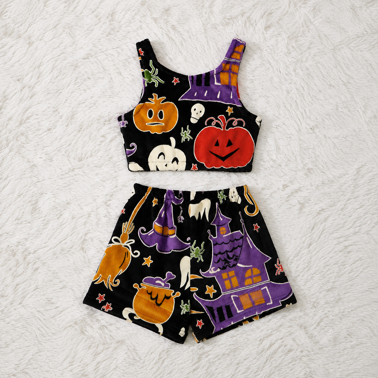 Halloween Theme Flannel Tank Top And Elastic Waist Shorts Set For Women