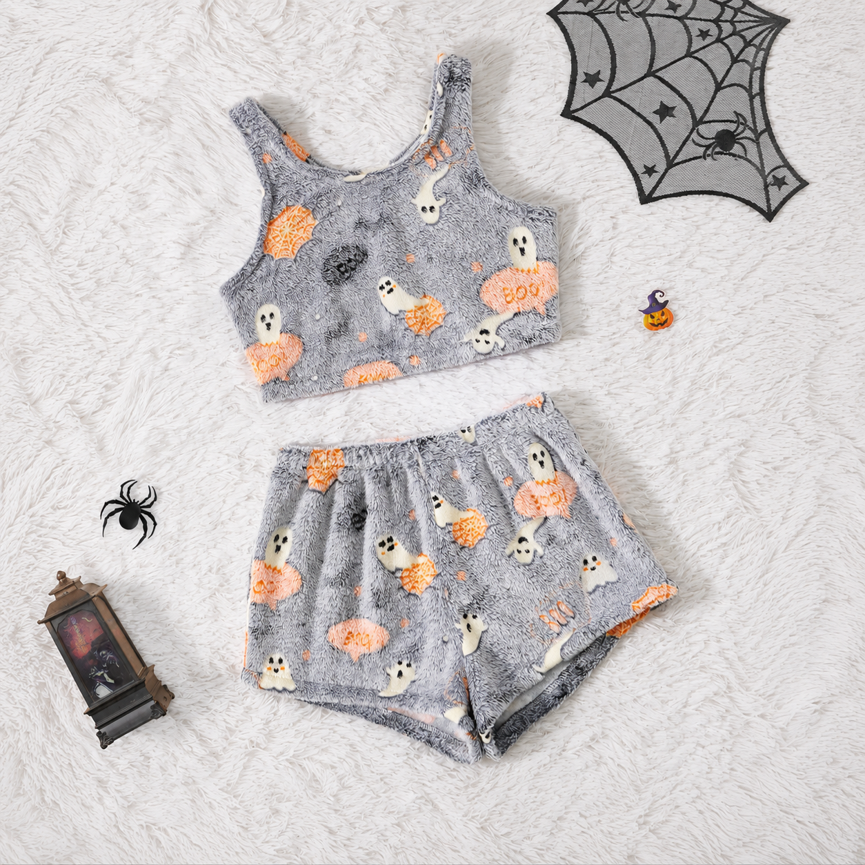 Halloween Theme Flannel Tank Top And Elastic Waist Shorts Set For Women