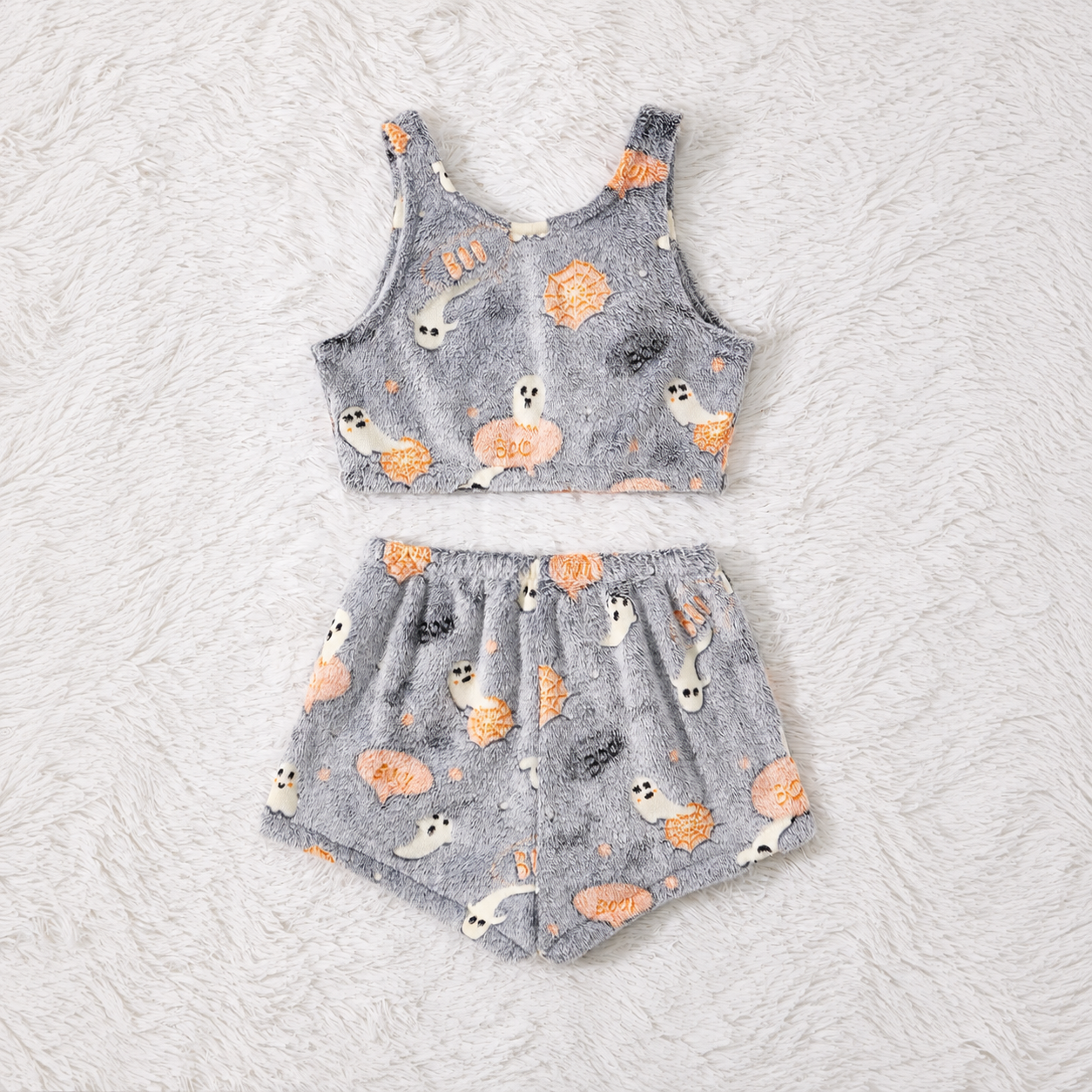 Halloween Theme Flannel Tank Top And Elastic Waist Shorts Set For Women