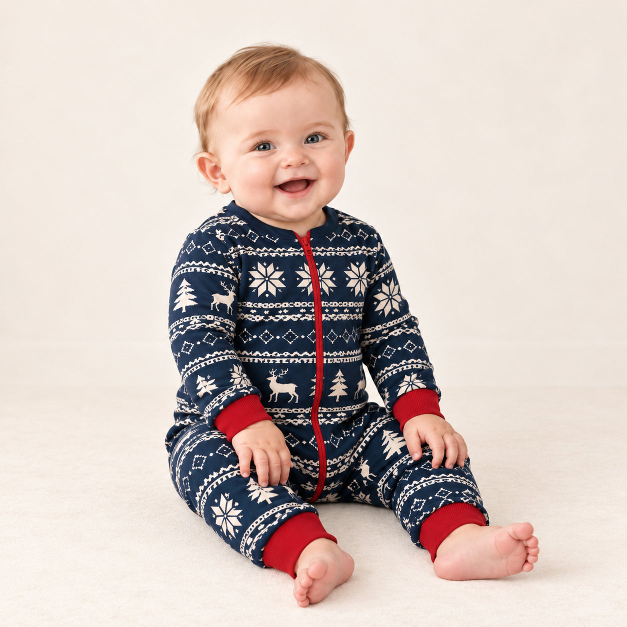 Christmas Family Matching Pajama Onesie in Navy Fair Isle Reindeer Print with Zip Front for Women, Men, Kids, Baby and Dog